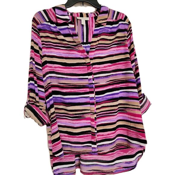 Dana Buchman Tops - DANA BUCHMAN Top Roll Tab Sleeve Striped Size XL Hide Buttons